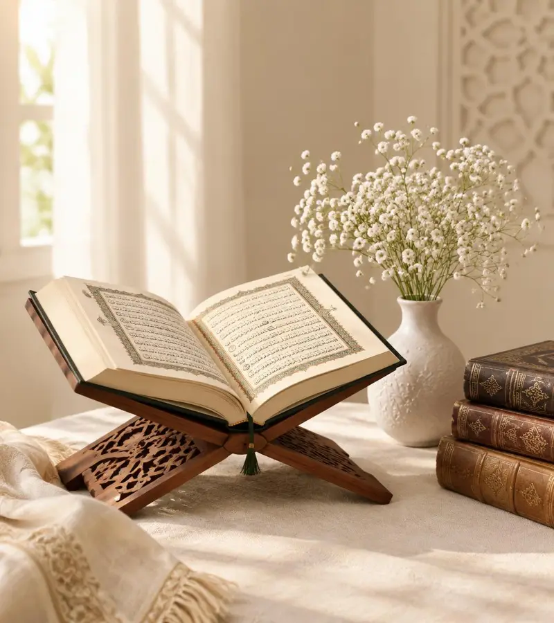 Open Quran on a wooden rehal beside a vase of white flowers